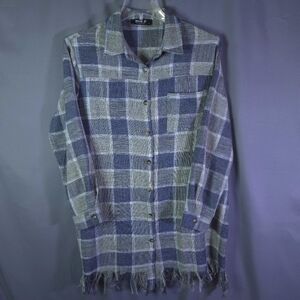 Blue B Collection Plaid Button Down Duster Dress Size Large Fringe‎ Western Boho